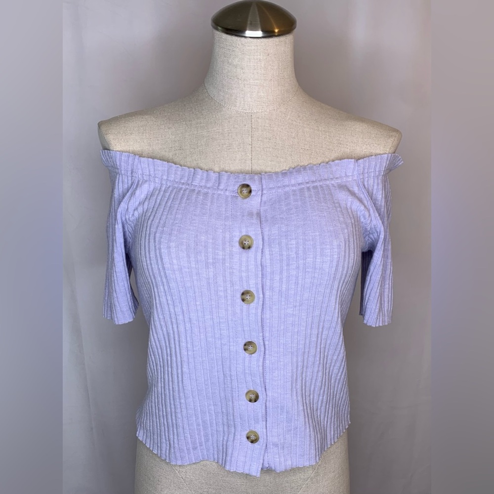 Hyped unicorn periwinkle purple off shoulder top ribbed style tee with stretch L